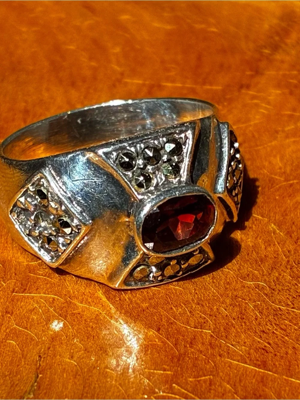 Sterling Silver Garnet Art Deco Ring - Deep Red Gemstone